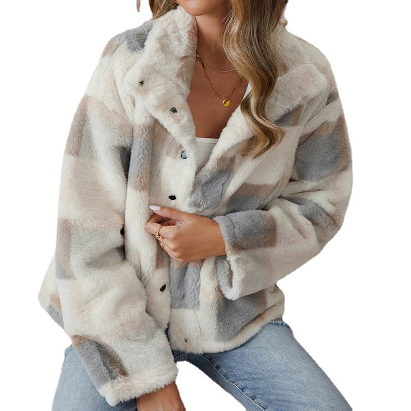 Women's Clothing Plaid Plush Jacket Coat Lapel Warm Short Coat Foreign Trade Wholesale