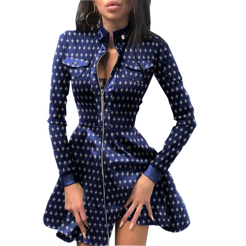 Long Sleeve V-neck Zipper Pu Pocket Dress