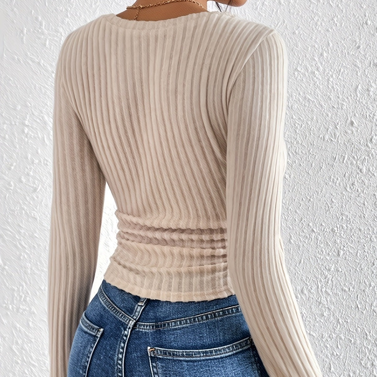 V-neck Long-sleeved Brushed Sunken Stripe Knitted T-shirt Top