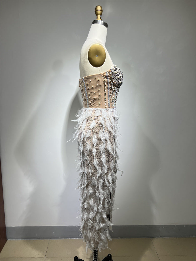 Gorgeous Feather Rhinestone Beaded See-through High Slit Tube Top Dress