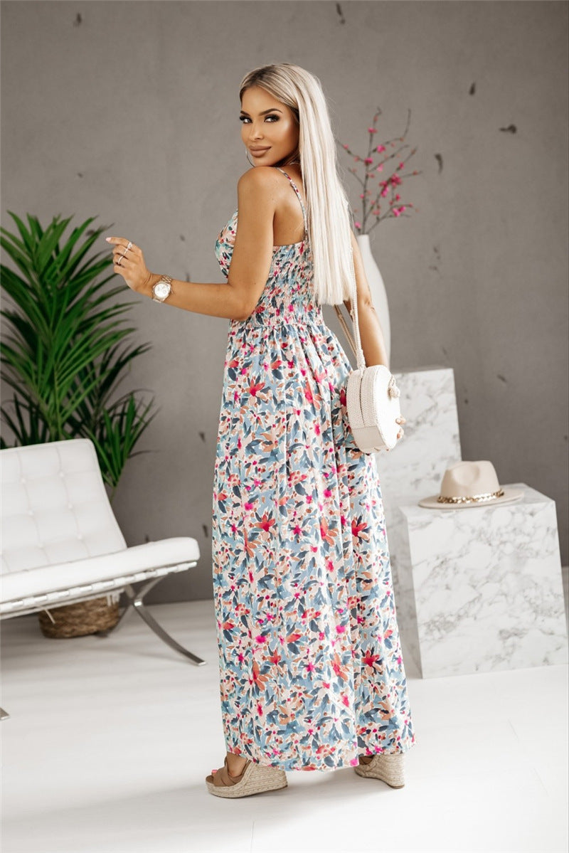 Women's Sleeveless Printed V-neck Brace Long Dress