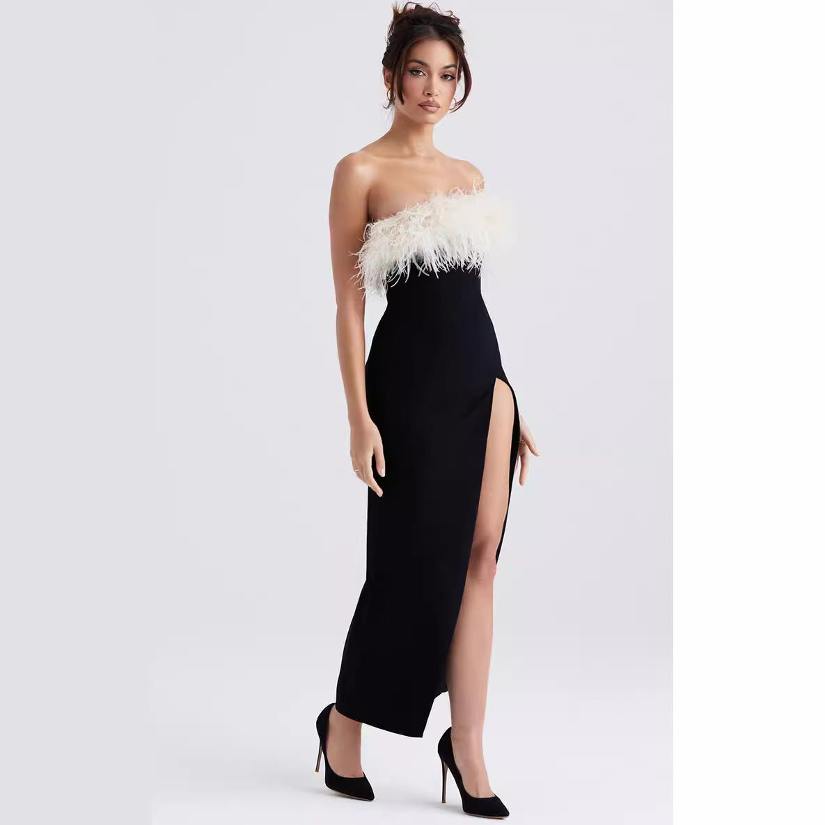 Off-shoulder Contrast Color Ostrich Hair Tube Top High Slit Bandage One-piece Dress