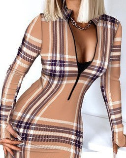 Tight Long Sleeve V-neck Zipper Dress