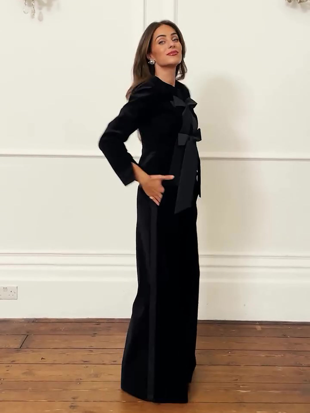 Black Velvet Bow Jacket & Wide-leg Pants Suit