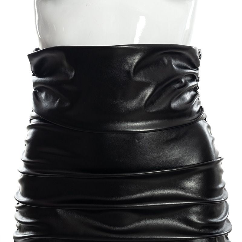 Pleated Solid Color PU leather Sheath Skirt