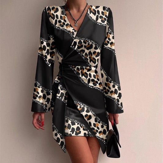 Women's Fashion Temperament Printed Long-sleeved Shirt Dress