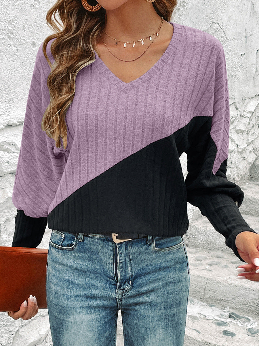 Long Sleeve V-collar Contrast Color Slimming Top