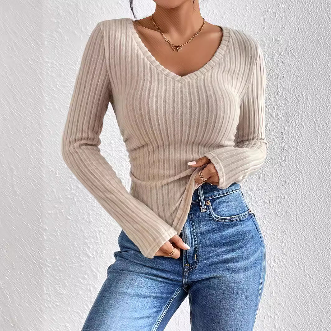 V-neck Long-sleeved Brushed Sunken Stripe Knitted T-shirt Top