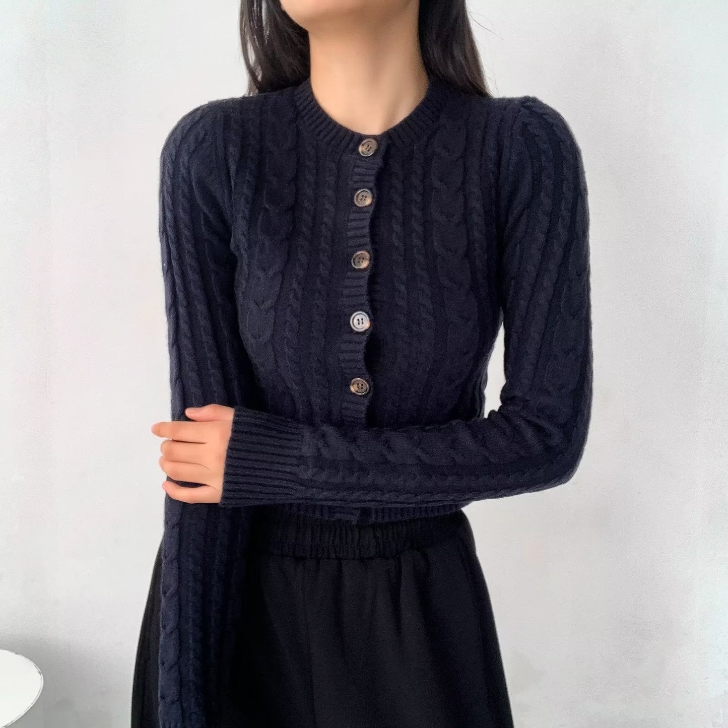 Women's American-style Retro Button Twist Long-sleeved Sweater