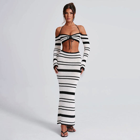 Striped Off-shoulder Halter Lace-up Long Sleeve top and skirt