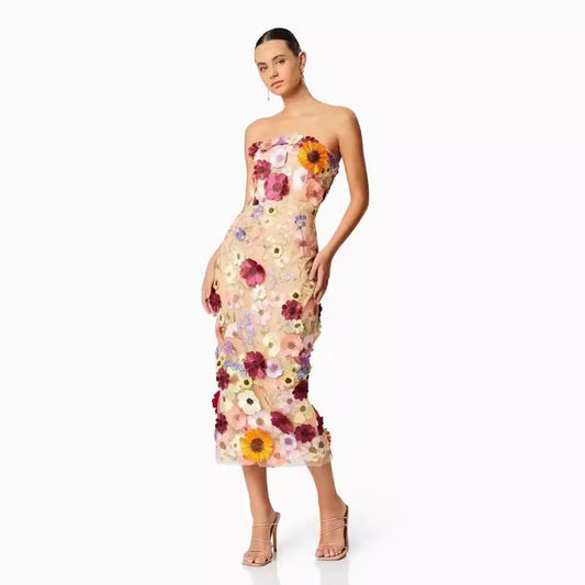 European And American Sexy Sleeveless Color Three-dimensional Flower Embroidered Slim Hip Tube Top Dress