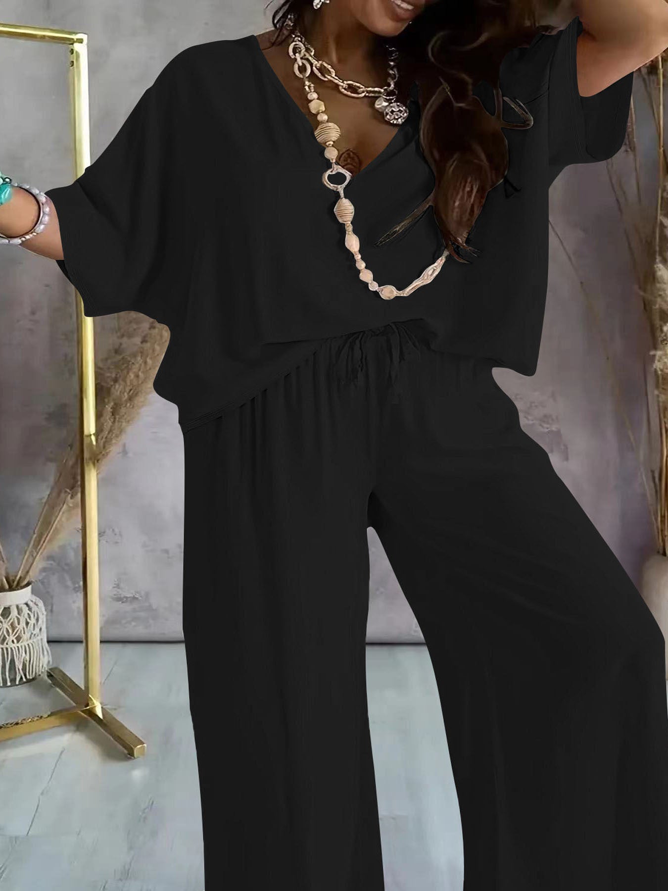 Batwing Sleeve Loose top and Wide Leg Pants outfit