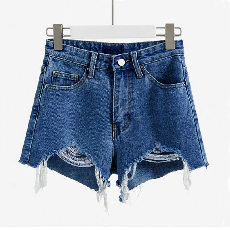 Women's Fashion Casual High Waist Ripped Tassel Raw Edge Denim Shorts