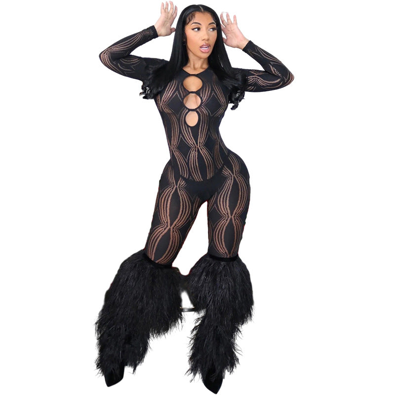 Women's Fashion Hollowed-out Ripped See-through High Waist Jumpsuit