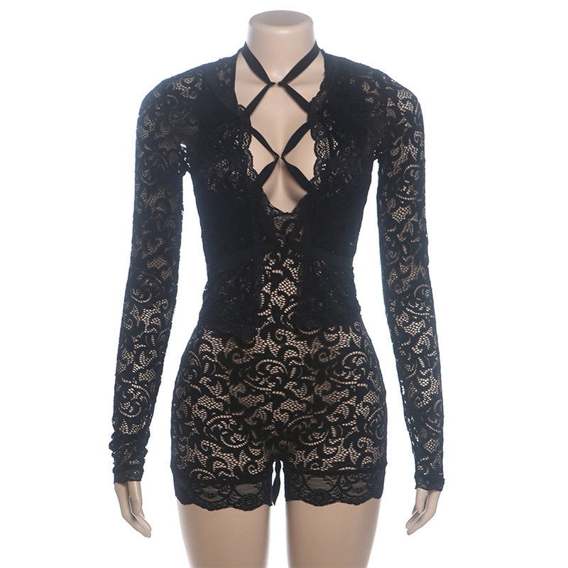 Fashion Women's Lace Crochet See-through Jumpsuit