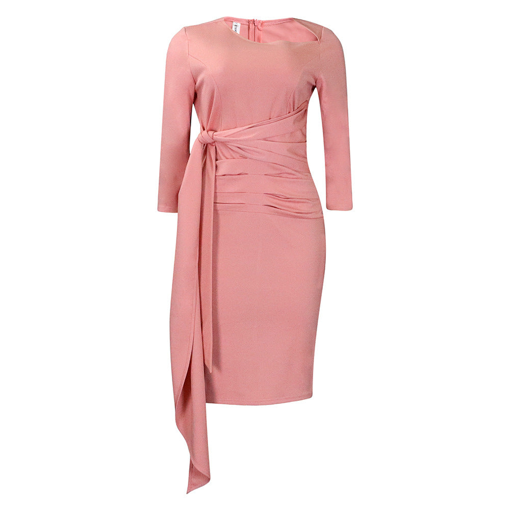 Women's Fashion Solid Color Pleated Tied Dress