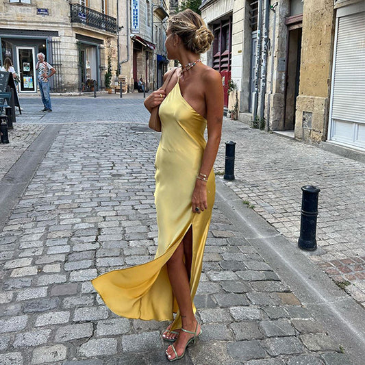 Slim-fit Shoulder Solid Color Backless Long Dress