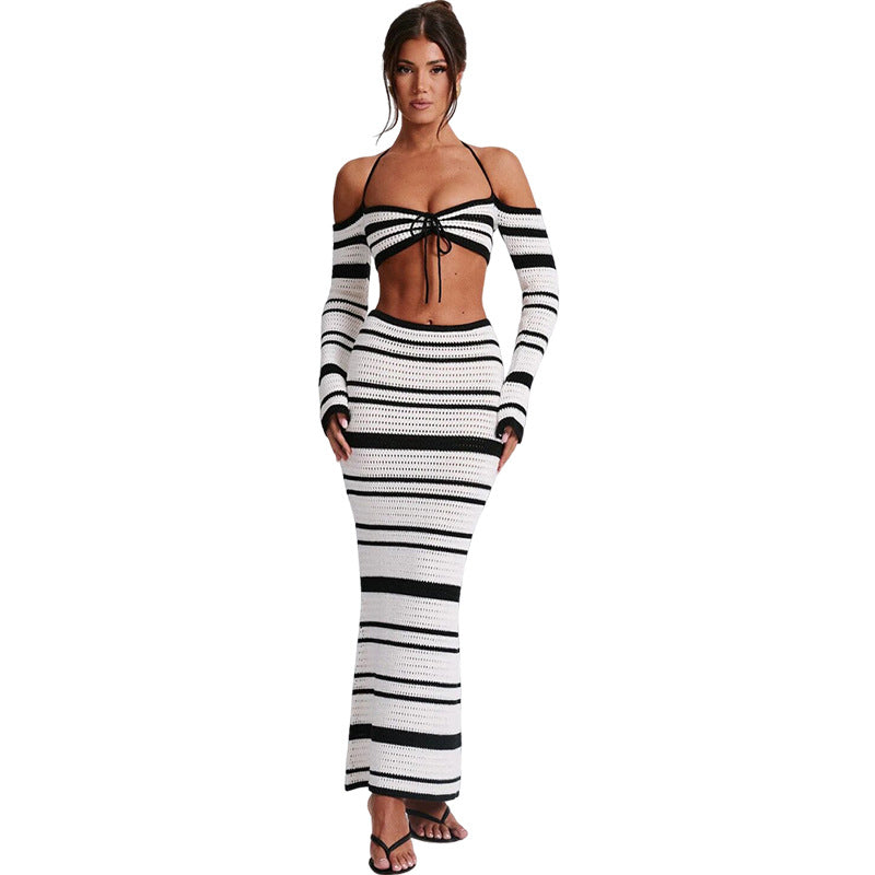 Striped Off-shoulder Halter Lace-up Long Sleeve top and skirt