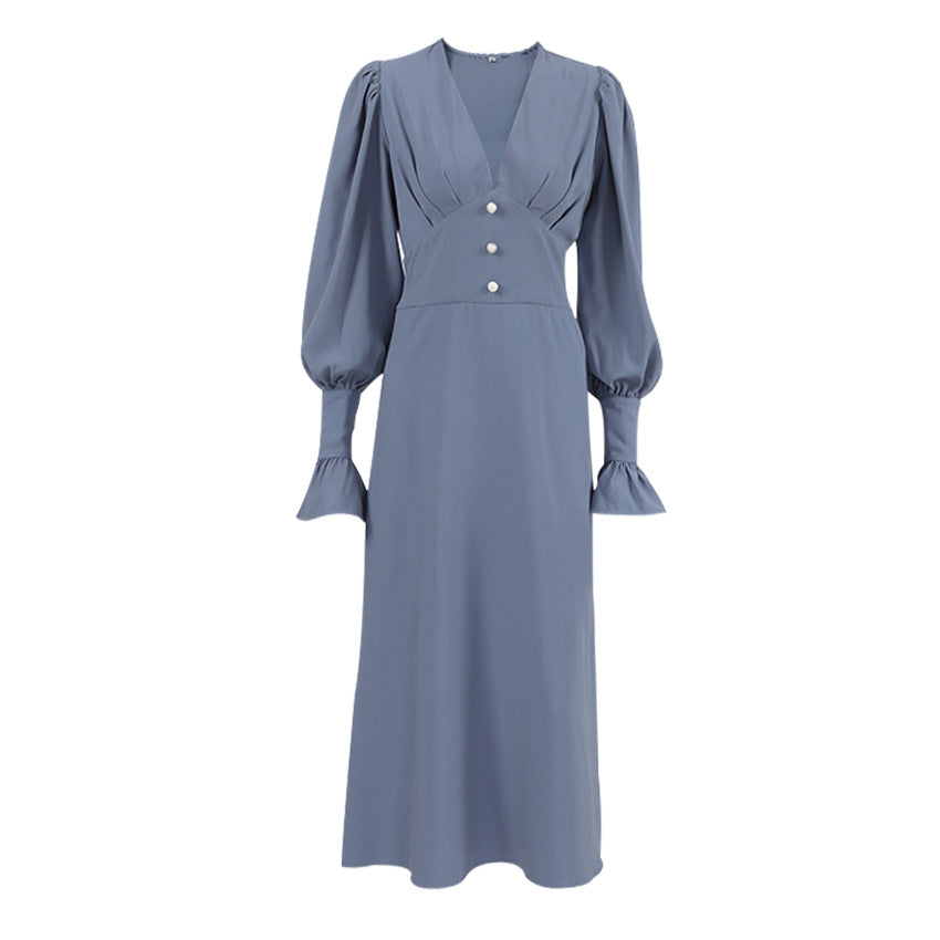 V-neck Slim-fit French Lantern Sleeve Dress