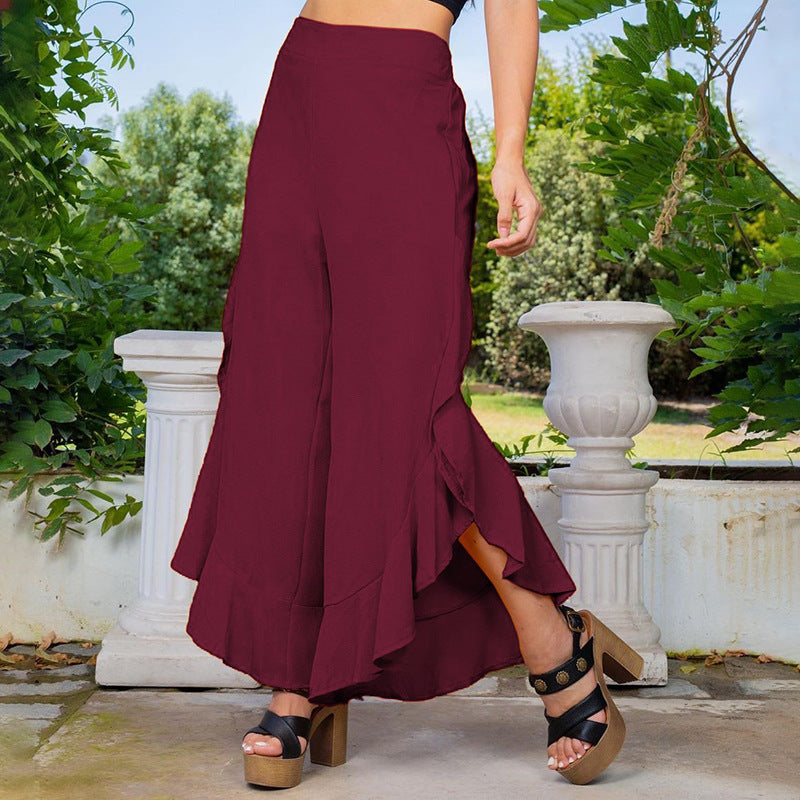 Women's Fashion Pure Color Ruffles Loose Casual Wide-leg Trousers