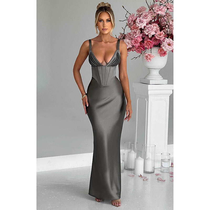 Women's Fashionable Elegant Deep V Satin Slim Strap Dress