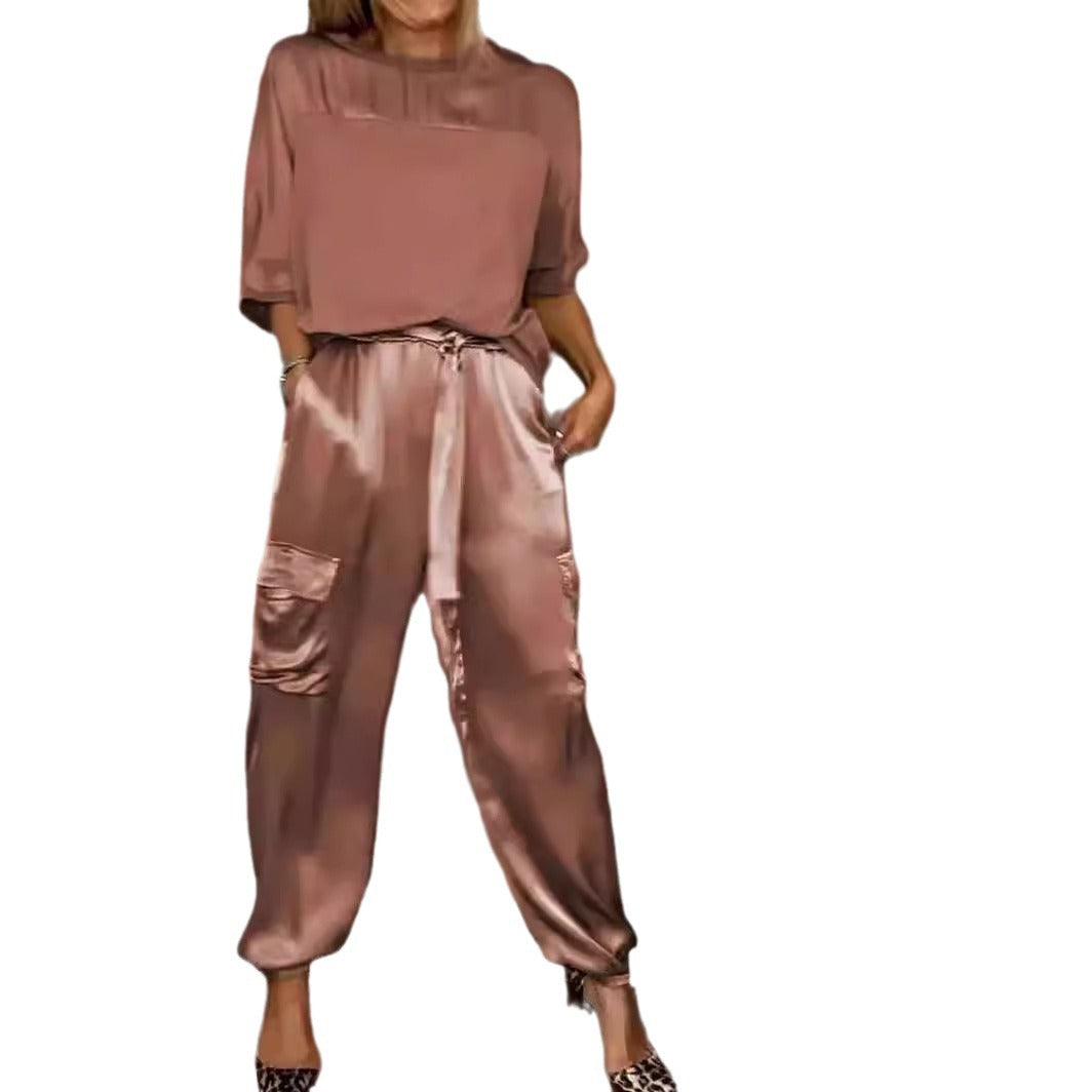 Fashion Women's Smooth Satin Half Sleeve Top Blouse And Pants Two-piece Set