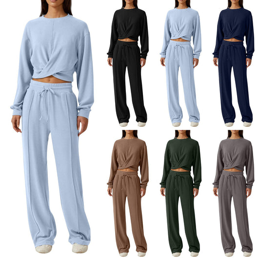 Sportswear Front Fold Sweatshirt Wide Leg Lace Up Pants set