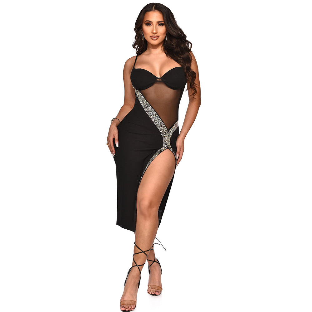 Women's Fashion Suspenders Rhinestone Split Dress