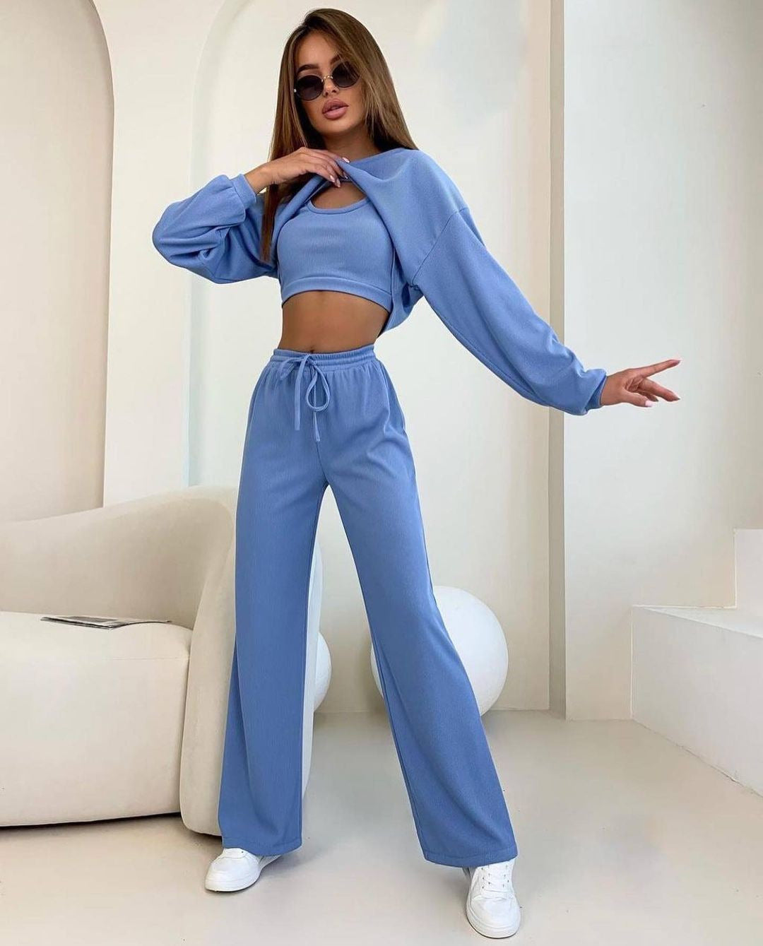 Fashion Round Neck Short Long-sleeved Top And Trousers Suit