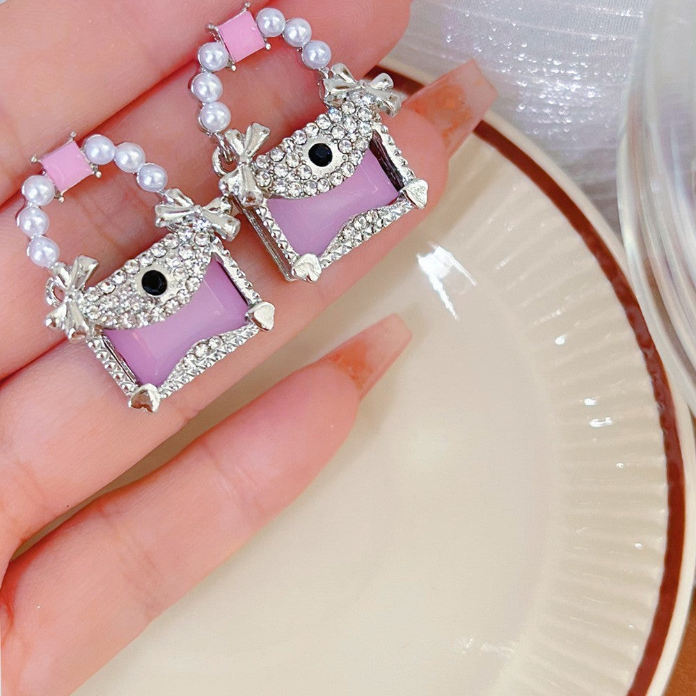 Full Diamond Jelly Color Square Crystal Bow Silver Stud Earrings