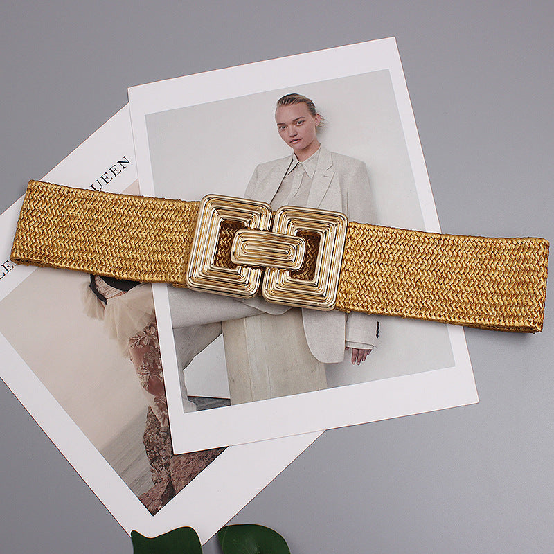 Square Metal Buckle Jute Wide Belt