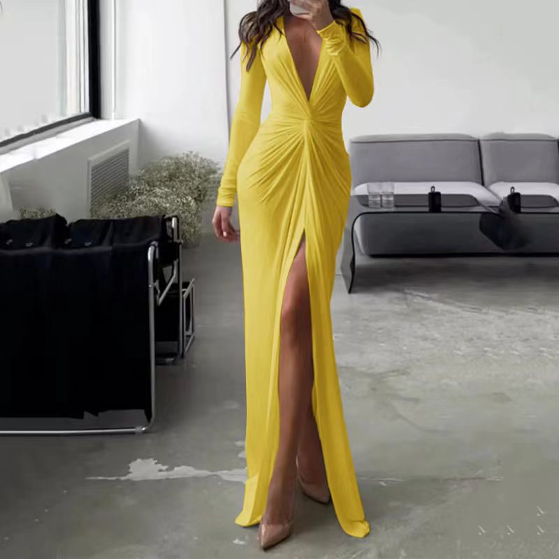 Fashion Sexy Slit V-neck Long Sleeve Solid Slim Pleated Skirt Gown