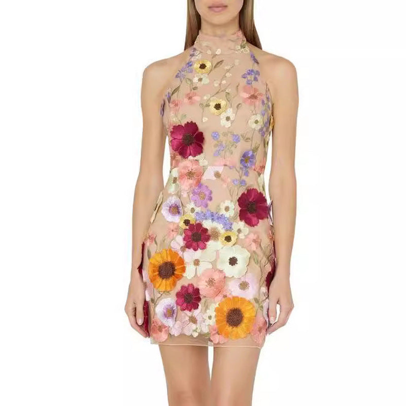 European And American Embroidery Three-dimensional Flower Halter Slim Fit Dress