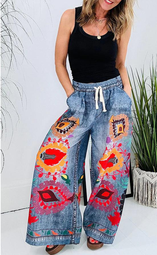 Women's Lace-up Denim Print Pocket Baggy Pants