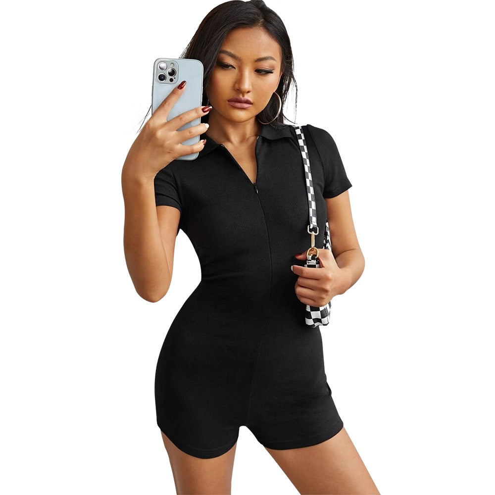 Women's Short-sleeved V-neck Tight Jumpsuit