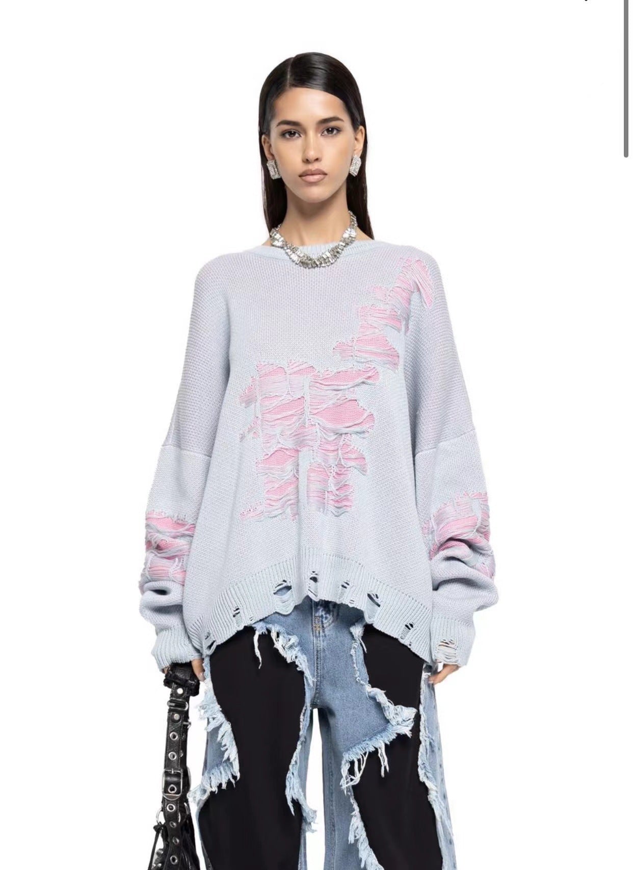 Loose And Idle Color Matching Ripped Long Sleeves Top