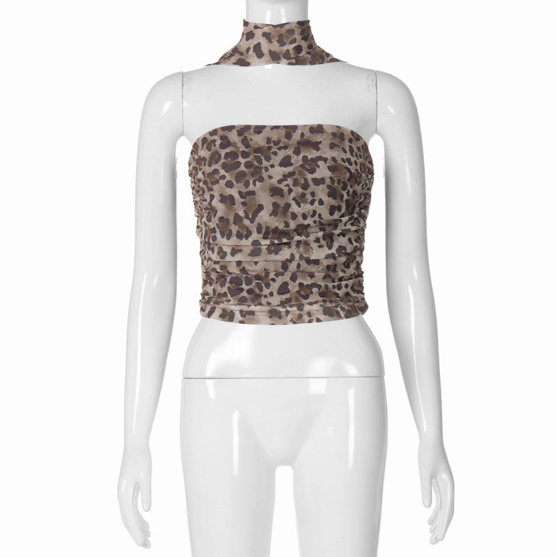 Leopard Print Spicy Collar Bandeau Slim-fit Slimming Vest