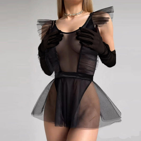 Mesh Jumpsuit Tutu Skirt Gloves Three-piece Set For Women