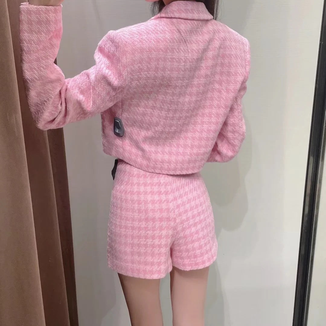 Houndstooth Texture Casual Suit Jacket Textured Culottes Suit For Women