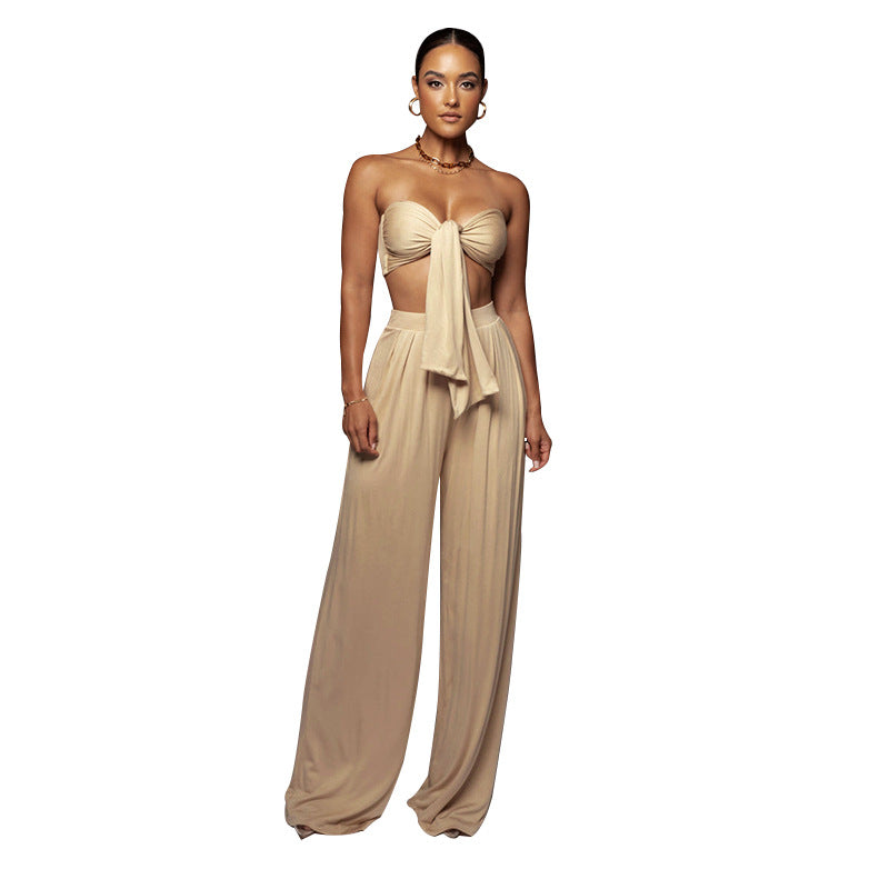 Women's Pure Color Tied Tube Top Mid-waist Wide-leg Pants Two-piece Set