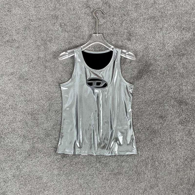 Metal Silver Futuristic Slim-fit Hollow-out Letter Vest