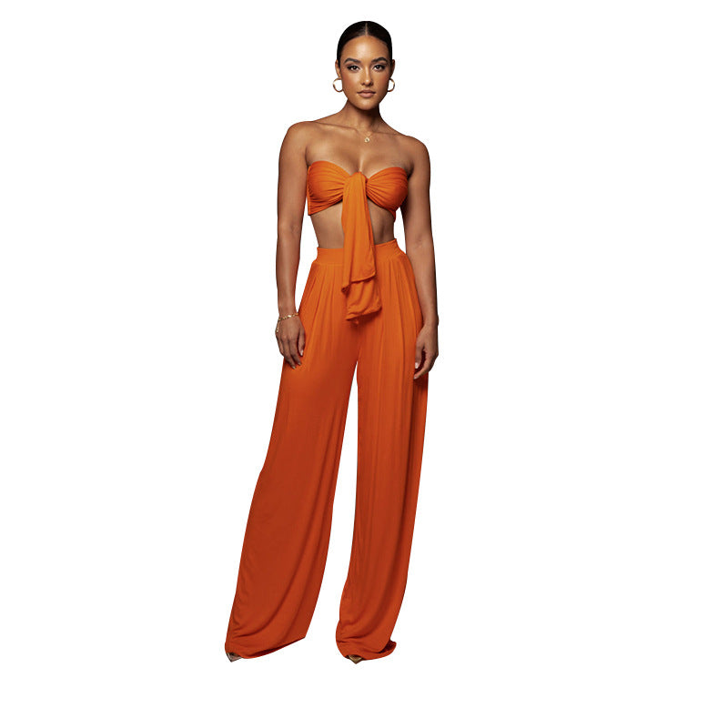 Women's Pure Color Tied Tube Top Mid-waist Wide-leg Pants Two-piece Set