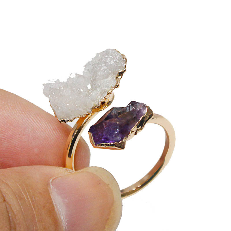 Natural Amethyst Black Tourmaline White Crystal Cluster Knuckle Ring Adjustable Ring