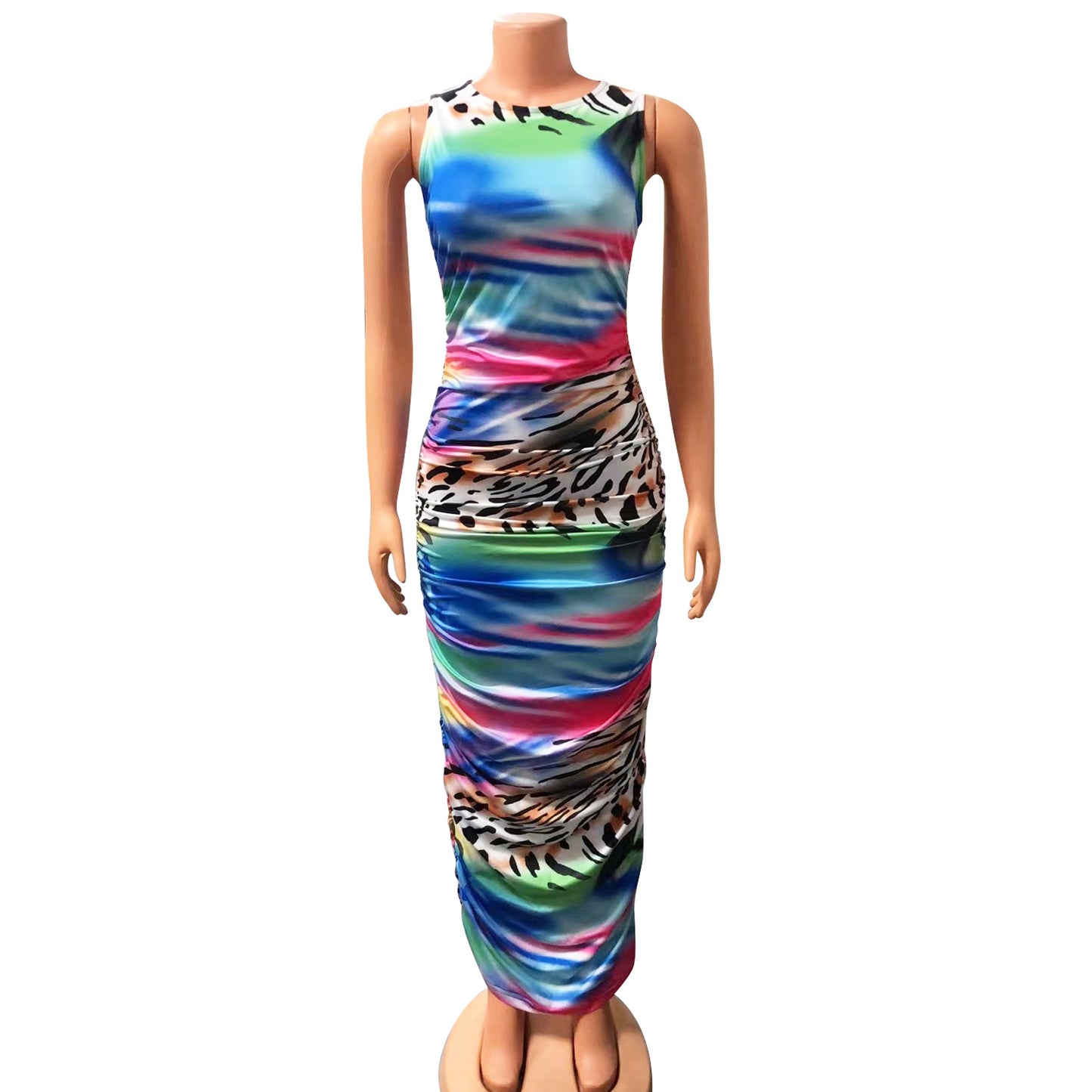 Women's Skinny Print Pleated Sleeveless Dress