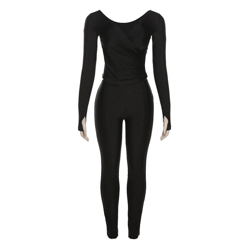 Women's Fashionable V-neck High Waist Tight Trousers Casual Sports Suit