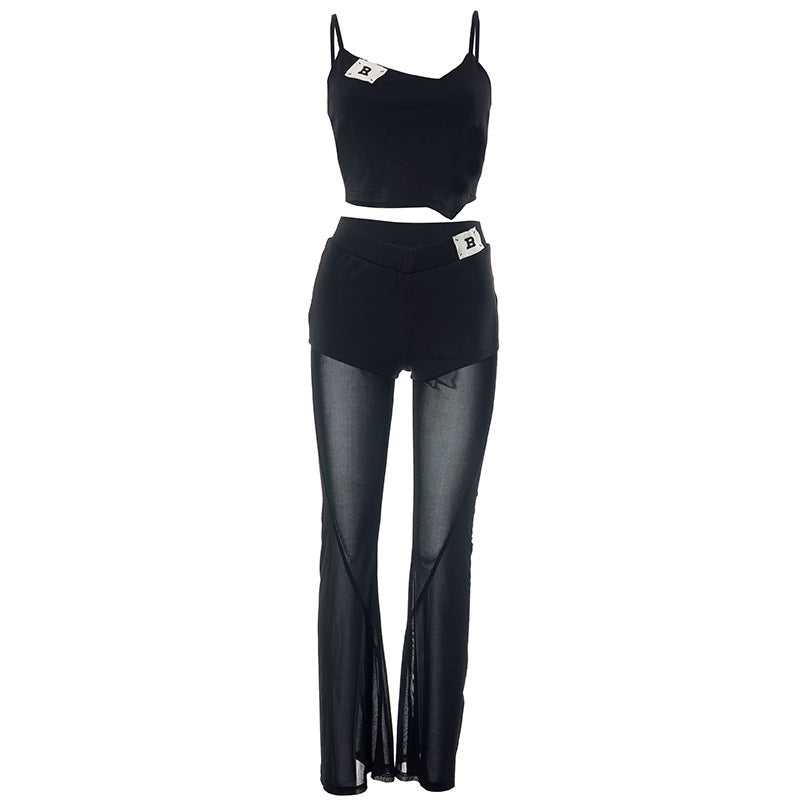 Mesh Stitching Small Sling Trousers Suit Two-piece Set