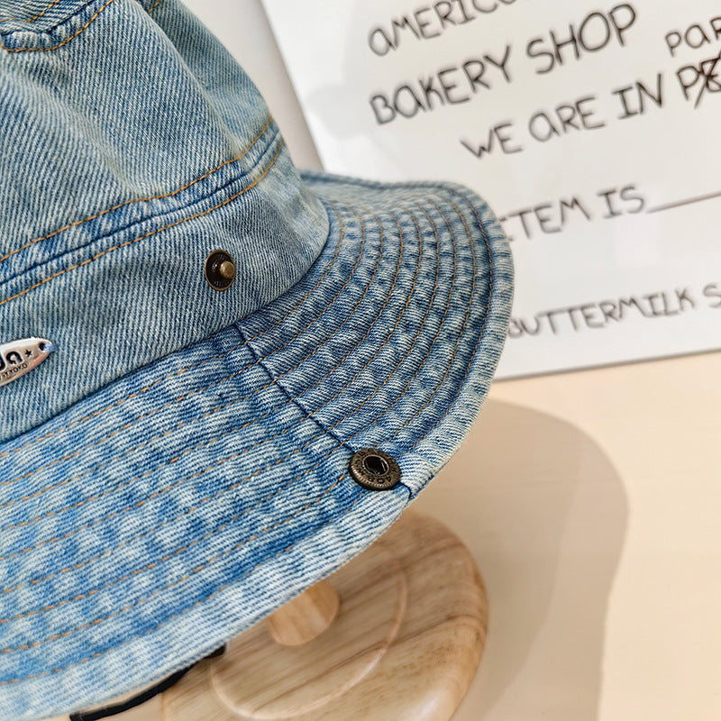 Japanese Style New Denim Small Iron Mark Bucket Hat Makes Face Look Smaller