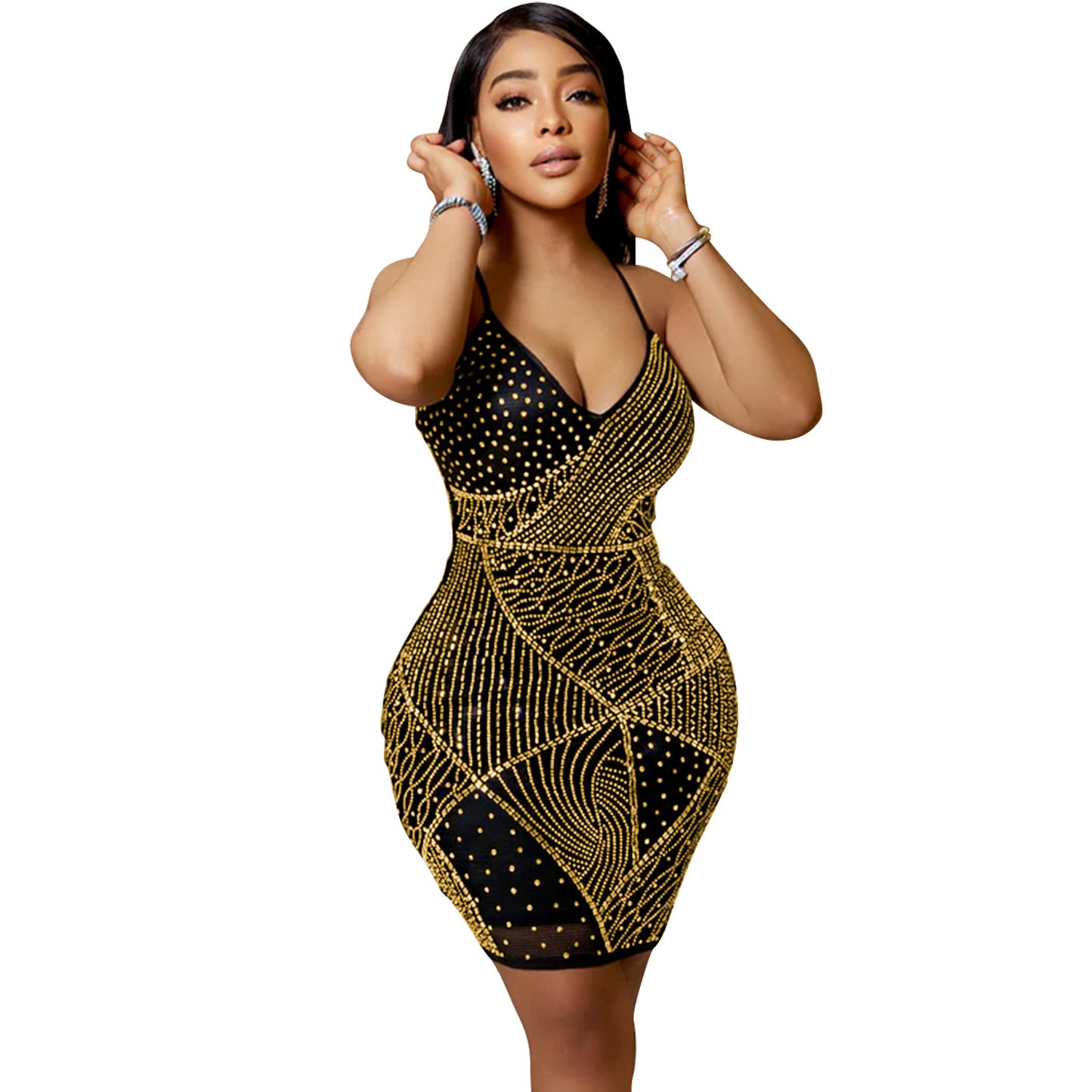 Women's V-neck Backless Rhinestone Dress