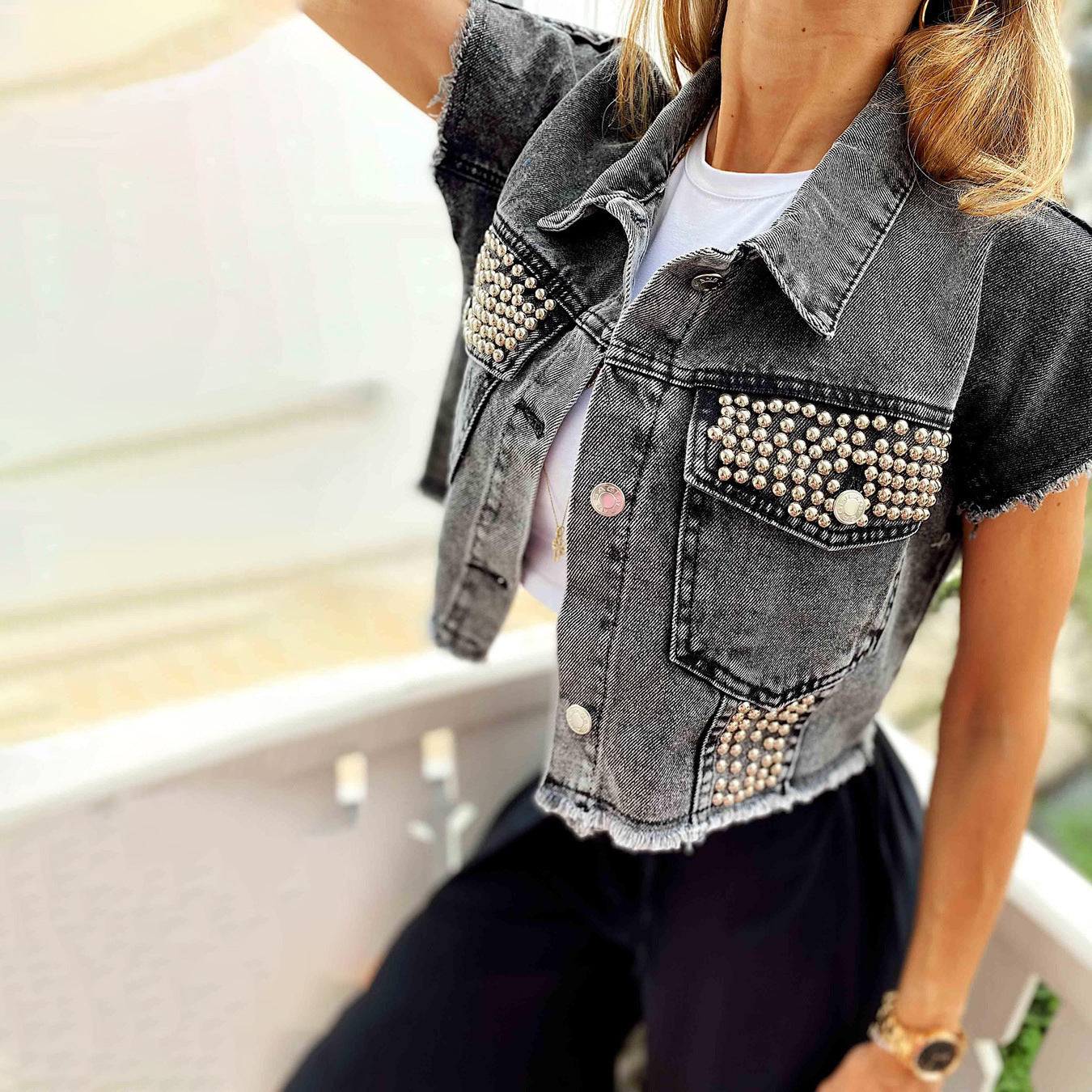 Cropped Outer Wear Denim short sleeved jacket