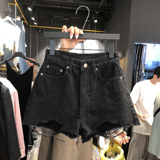 Women's Fashion Casual High Waist Ripped Tassel Raw Edge Denim Shorts